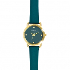 Montre Lutetia boîtier métal doré, verre bombé, cadran et bracelet cuir de veau bleu canard