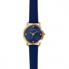 Montre Lutetia boîtier métal doré, verre bombé, cadran et bracelet cuir de veau bleu