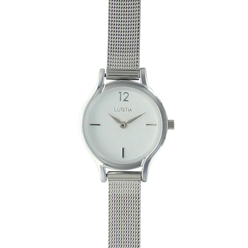 Montre Lutetia boîtier métal et bracelet acier milanais argenté, cadran blanc
