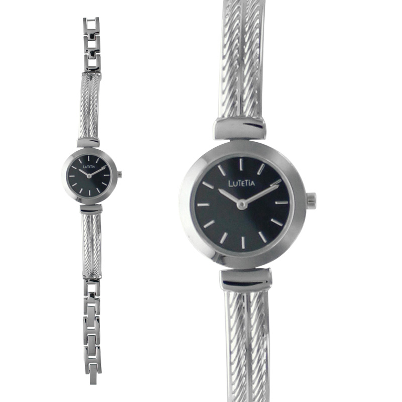 Montre Lutetia boîtier métal et bracelet fin métal couleur argent, cadran noir
