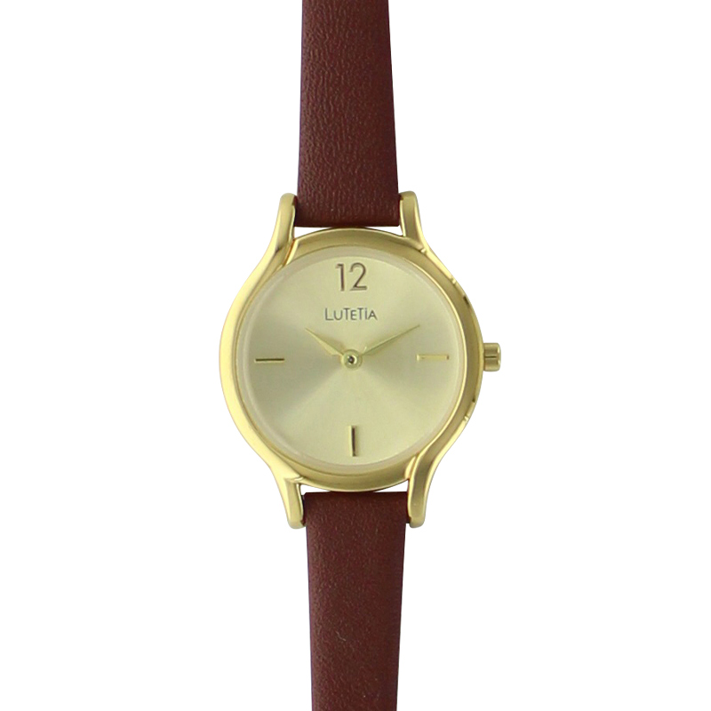 Montre Lutetia boîtier métal et cadran dorés, bracelet cuir de veau marron