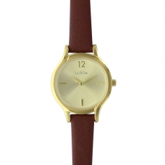 Montre Lutetia boîtier métal et cadran dorés, bracelet cuir de veau marron