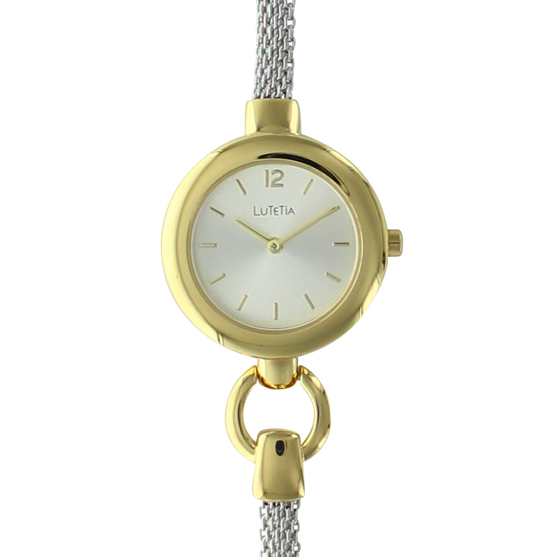 Montre Lutetia boîtier métal et fermoir doré, petit bracelet acier milanais argenté