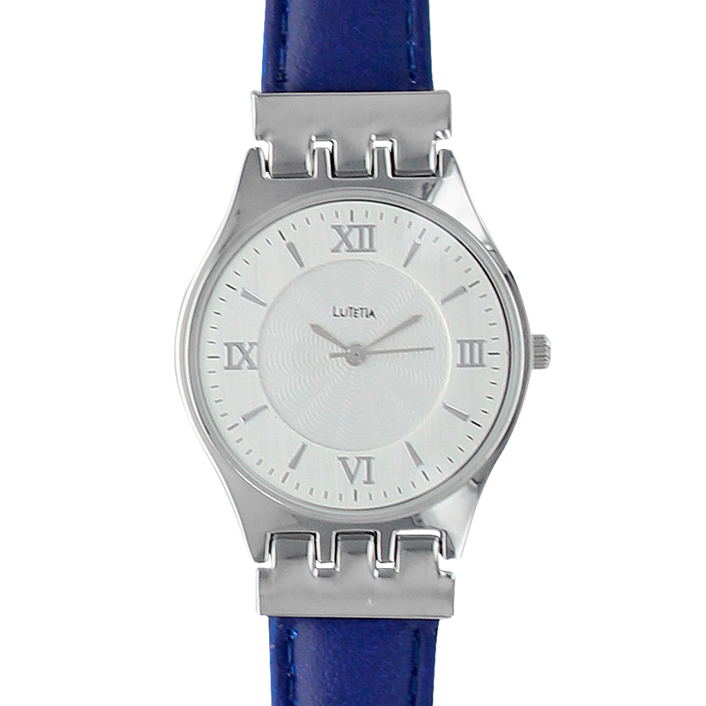 Montre Lutetia boîtier métal, index et chiffres romains, bracelet cuir de bovin bleu marine