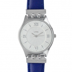 Montre Lutetia boîtier métal, index et chiffres romains, bracelet cuir de bovin bleu marine