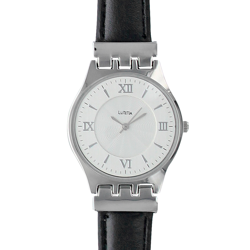 Montre Lutetia boîtier métal, index et chiffres romains, bracelet cuir de bovin noir
