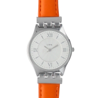Montre Lutetia boîtier métal, index et chiffres romains, bracelet cuir de bovin orange