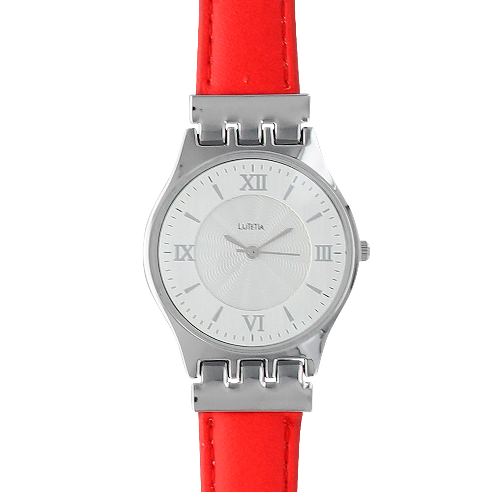 Montre Lutetia boîtier métal, index et chiffres romains, bracelet cuir de bovin rouge