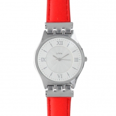 Montre Lutetia boîtier métal, index et chiffres romains, bracelet cuir de bovin rouge