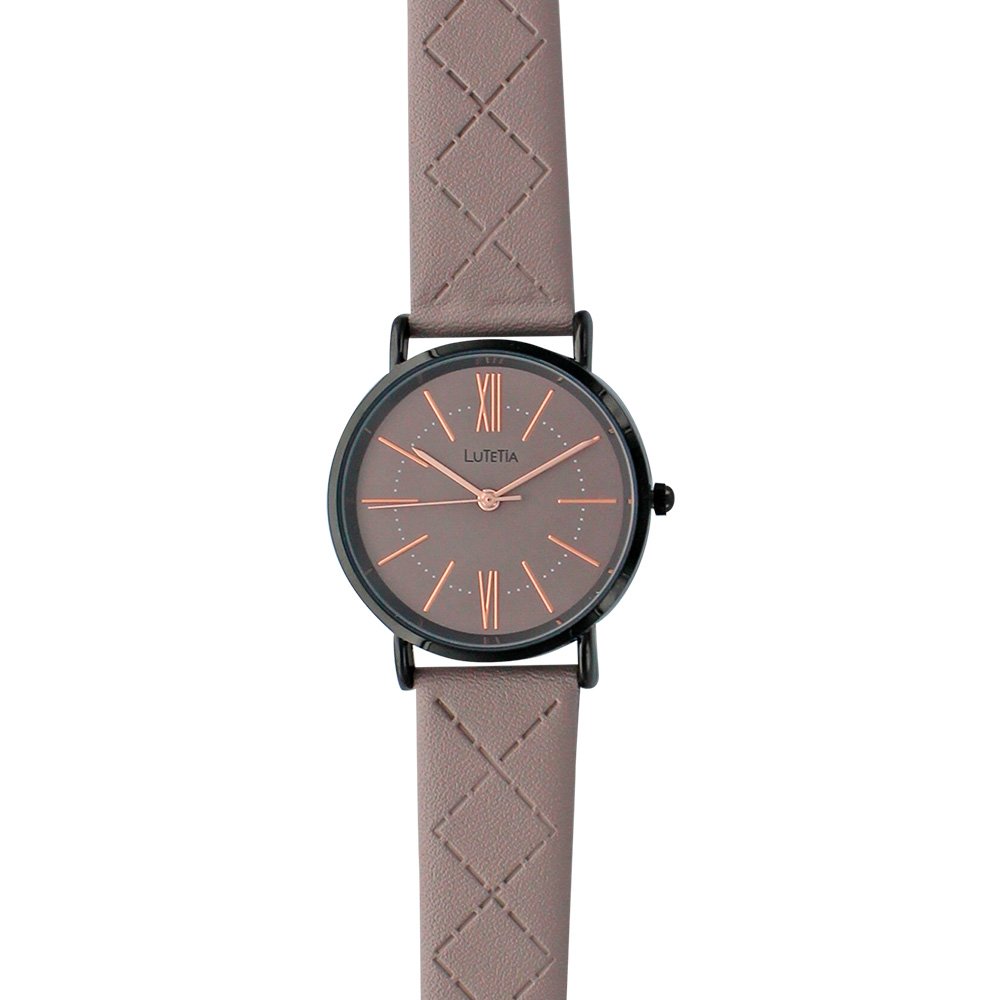 Montre Lutetia boîtier métal noir et bracelet synthétique gris taupe avec motifs