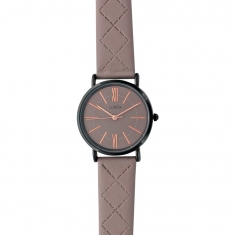 Montre Lutetia boîtier métal noir et bracelet synthétique gris taupe avec motifs