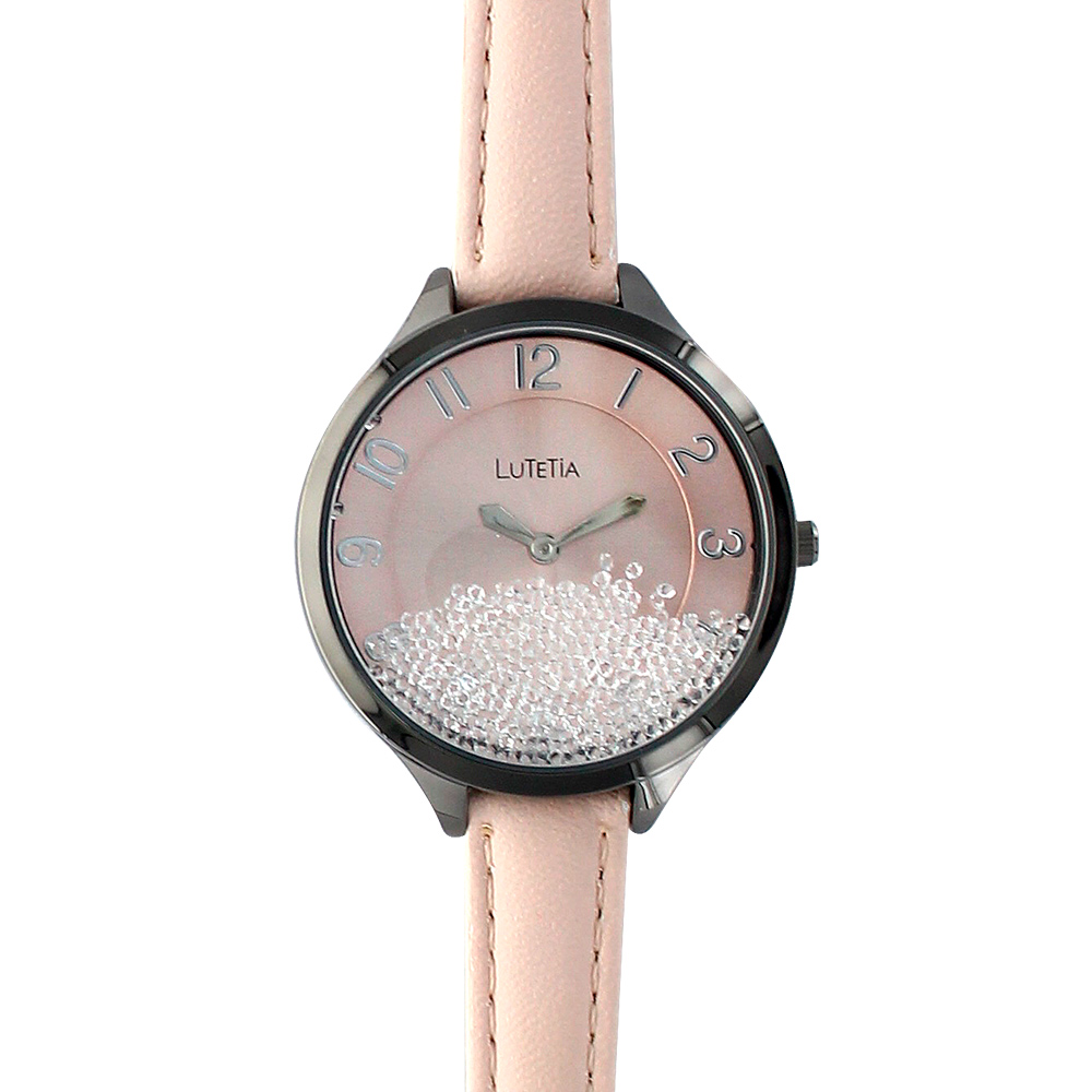 Montre Lutetia boîtier métal noir, pierres synthétiques, cadran et bracelet cuir de bovin rose pâle