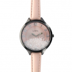 Montre Lutetia boîtier métal noir, pierres synthétiques, cadran et bracelet cuir de bovin rose pâle