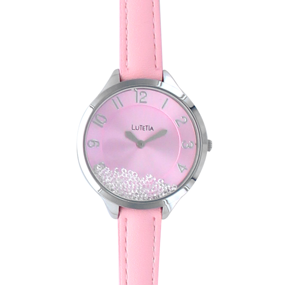 Montre Lutetia boîtier métal, pierres synthétiques, cadran et bracelet cuir de bovin rose