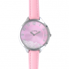 Montre Lutetia boîtier métal, pierres synthétiques, cadran et bracelet cuir de bovin rose