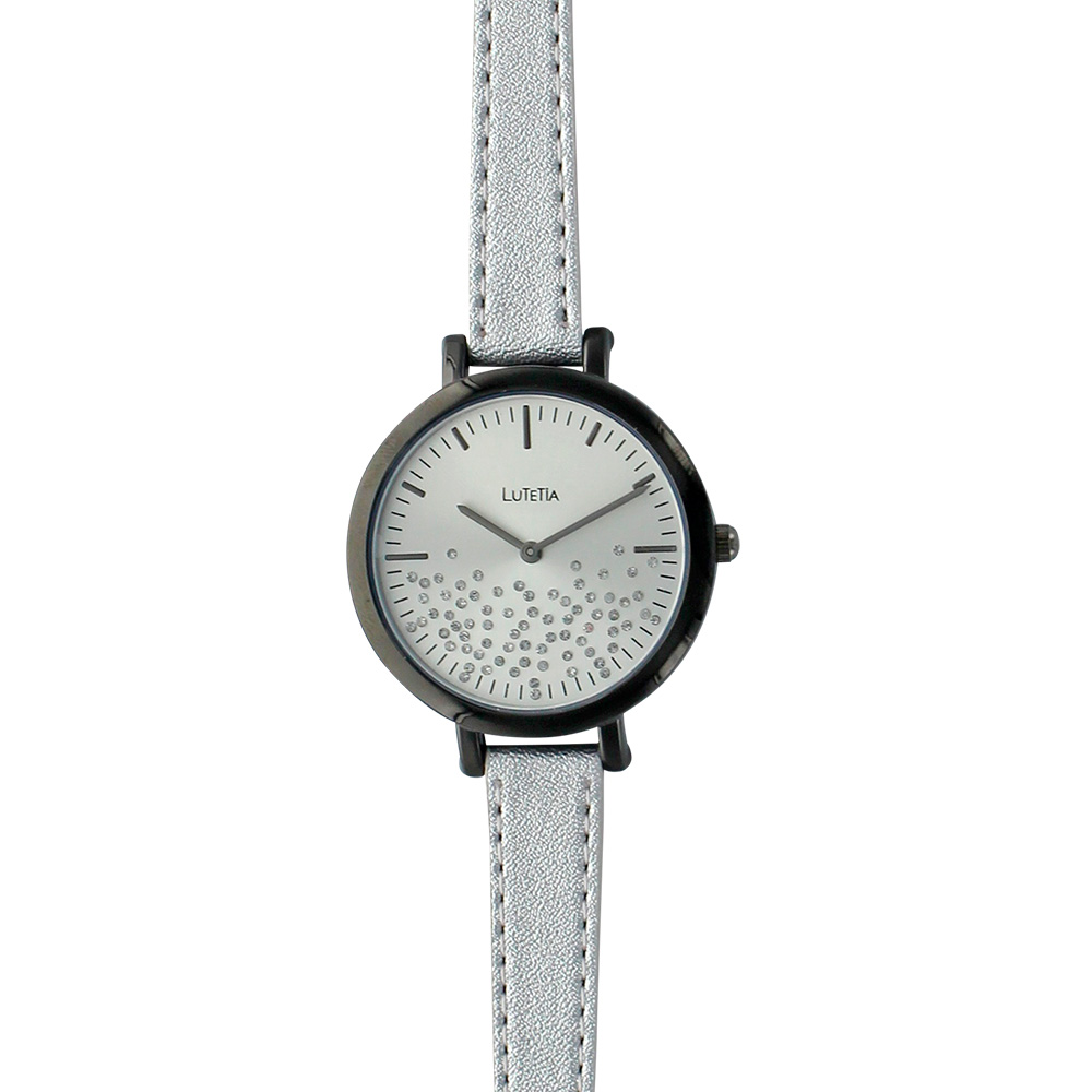 Montre Lutetia boîtier noir, cadran avec pierres synthétiques et bracelet synthétique argent