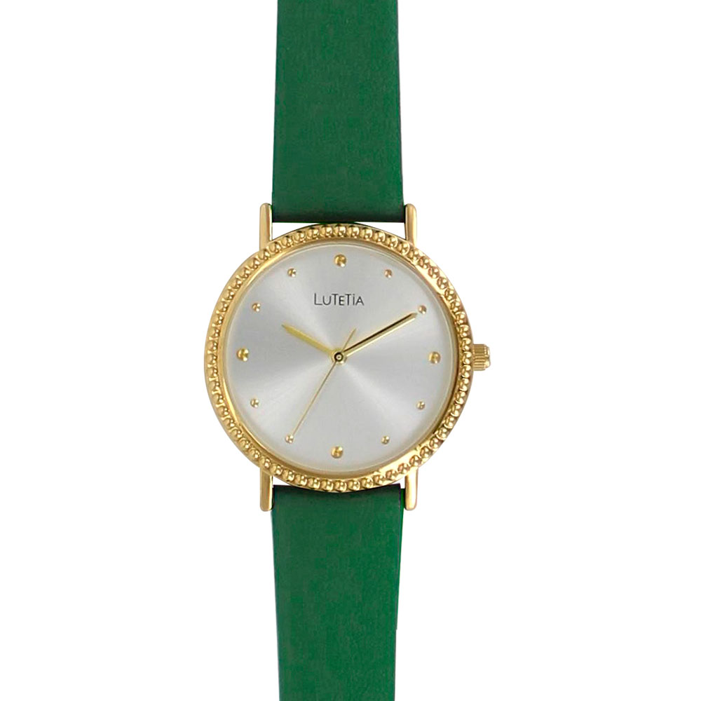 Montre Lutetia boîtier perlé métal doré, cadran argenté et bracelet cuir de veau vert