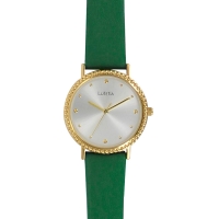 Montre Lutetia boîtier perlé métal doré, cadran argenté et bracelet cuir de veau vert