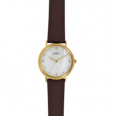 Montre Lutetia boîtier perlé métal doré, cadran blanc nacré et bracelet cuir de veau marron