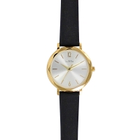 Montre Lutetia boîtier rond facetté métal doré, cadran argenté et bracelet cuir de veau noir