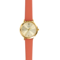 Montre Lutetia boîtier rond facetté métal doré, cadran doré et bracelet cuir de veau couleur corail