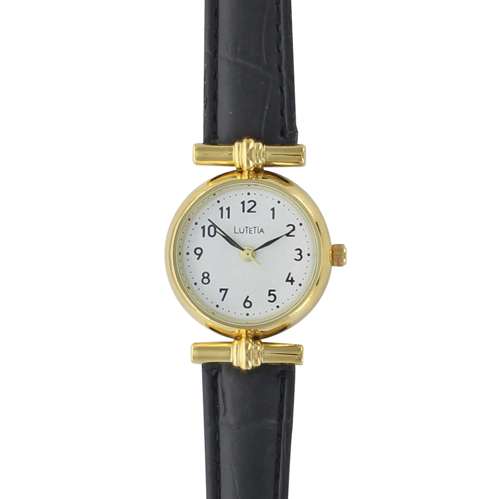 Montre Lutetia boîtier rond métal doré et bracelet synthétique noir imitation crocodile