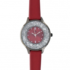 Montre Lutetia bordeaux, boîtier métal gris anthracite, cadran avec pierres et bracelet synthétiques