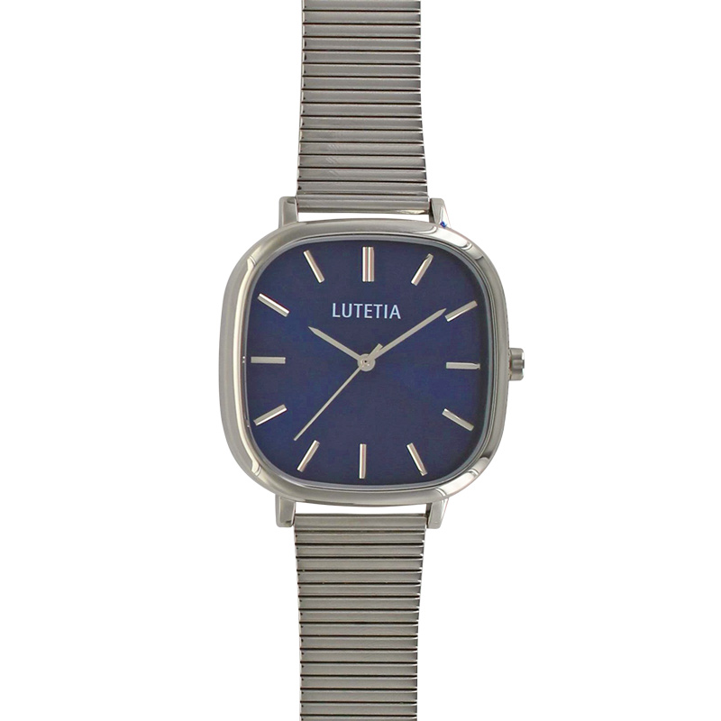 Montre Lutetia cadran carré bleu, bracelet acier argenté, mvt 2035