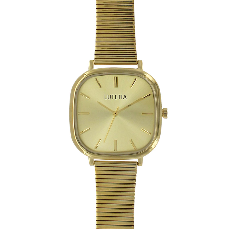 Montre Lutetia cadran carré doré, bracelet acier doré, mvt 2035