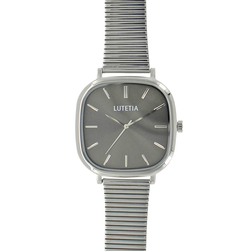 Montre Lutetia cadran carré noir, bracelet acier argenté, mvt 2035
