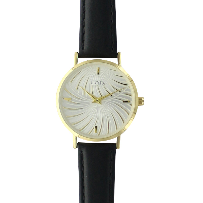 Montre Lutetia cadran soleil, boîter métal doré et bracelet cuir de veau noir