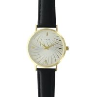Montre Lutetia cadran soleil, boîter métal doré et bracelet cuir de veau noir