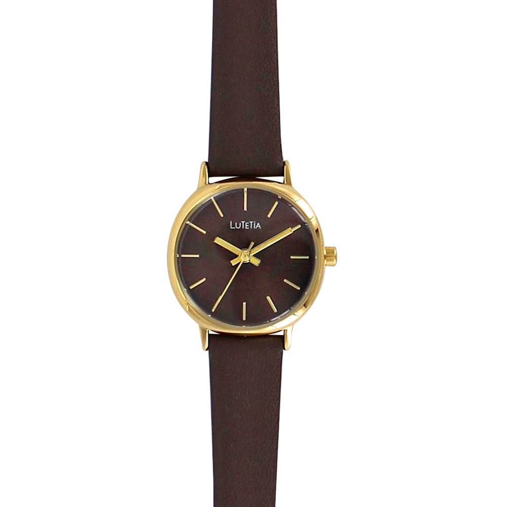 Montre Lutetia couleur chocolat boîtier coussin métal doré et bracelet cuir de veau