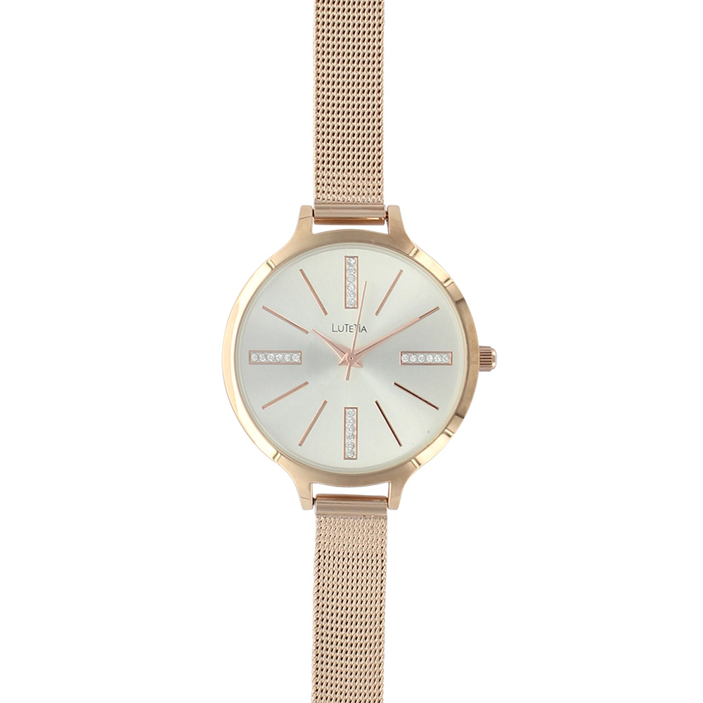 Montre Lutetia doré-rose cadran blanc avec pierres synthétiques, bracelet milanais acier