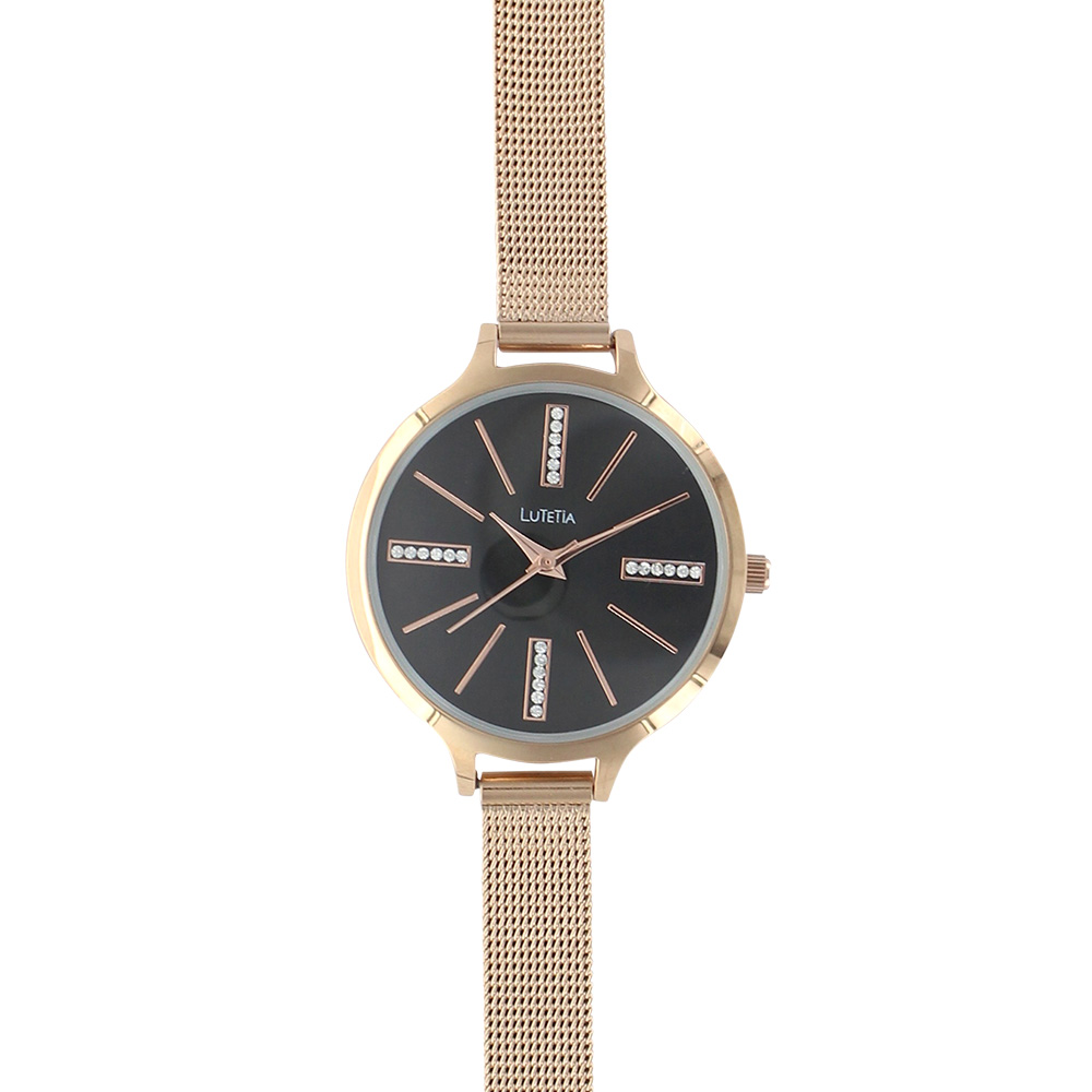 Montre Lutetia doré-rose, cadran noir avec pierres synthétiques, bracelet milanais acier