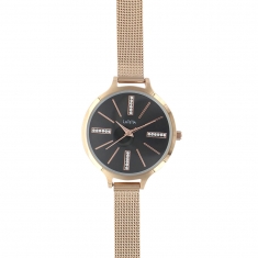 Montre Lutetia doré-rose, cadran noir avec pierres synthétiques, bracelet milanais acier