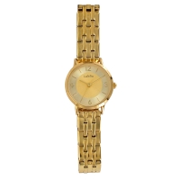 Montre Lutetia dorée, boîtier et bracelet métal, index et chiffres arabes, boucle déployante