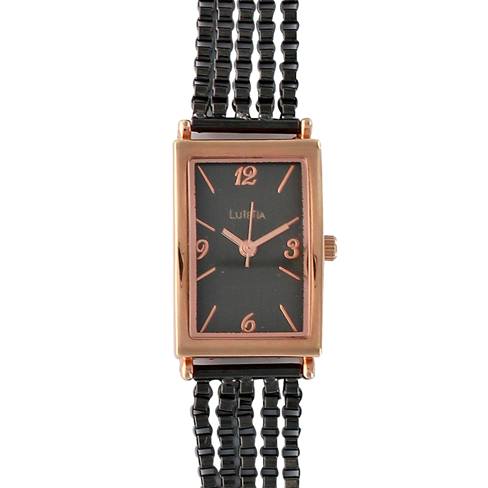 Montre Lutetia en métal boîtier et boucle doré-rose et bracelet multi-chaînes vénitienne noir