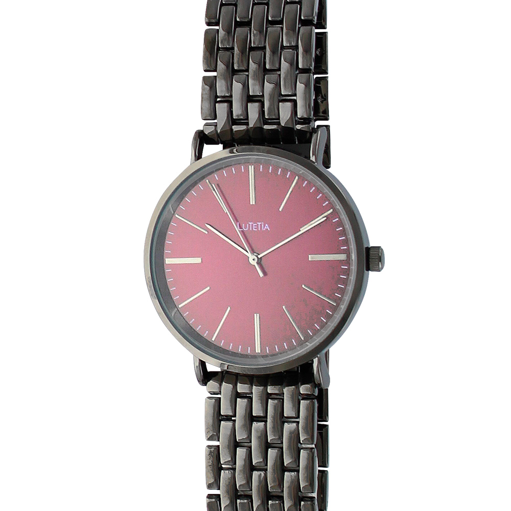 Montre Lutetia en métal gris anthracite et cadran couleur bordeaux, boucle déployante