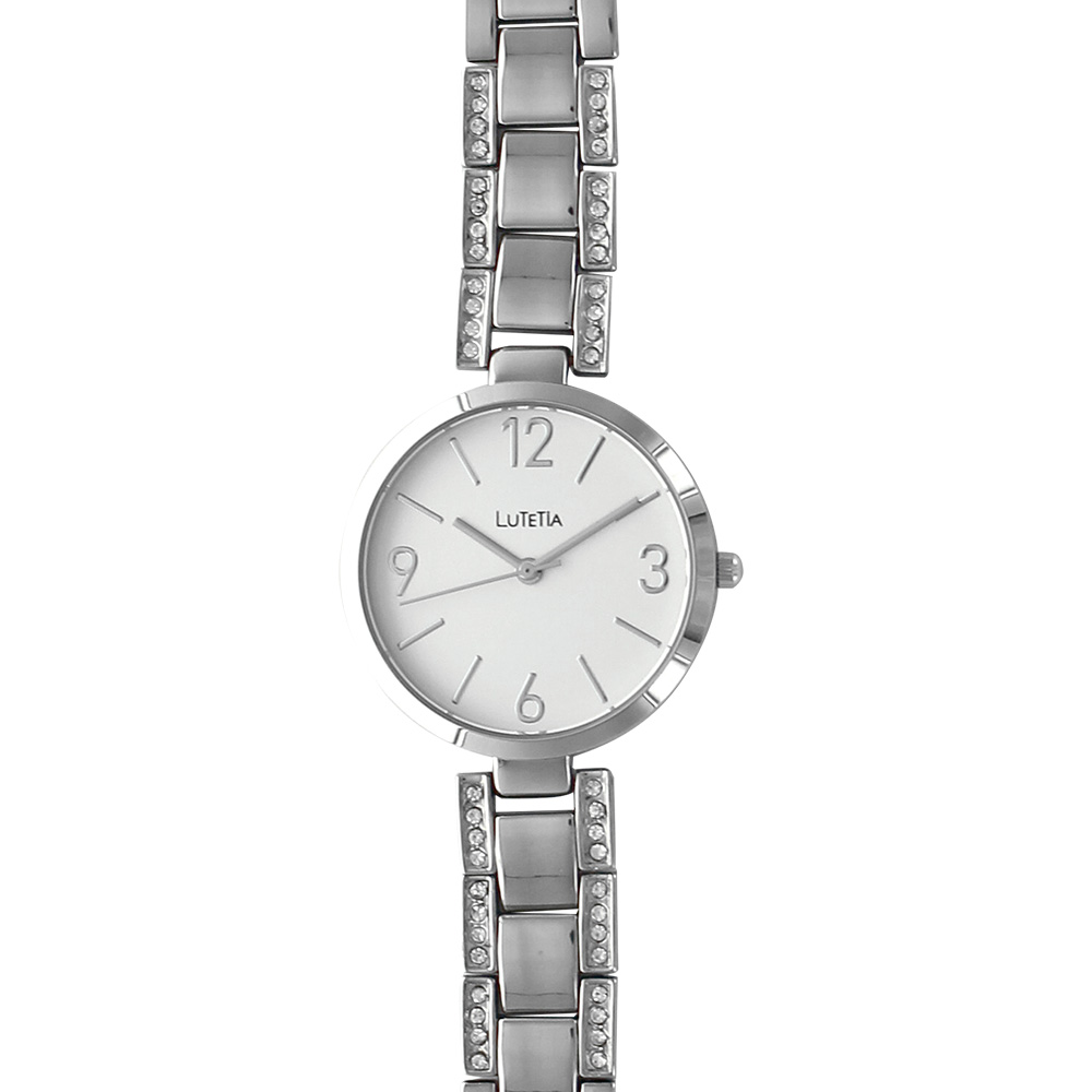 Montre Lutetia métal argenté, cadran blanc, bracelet avec pierres synthétiques