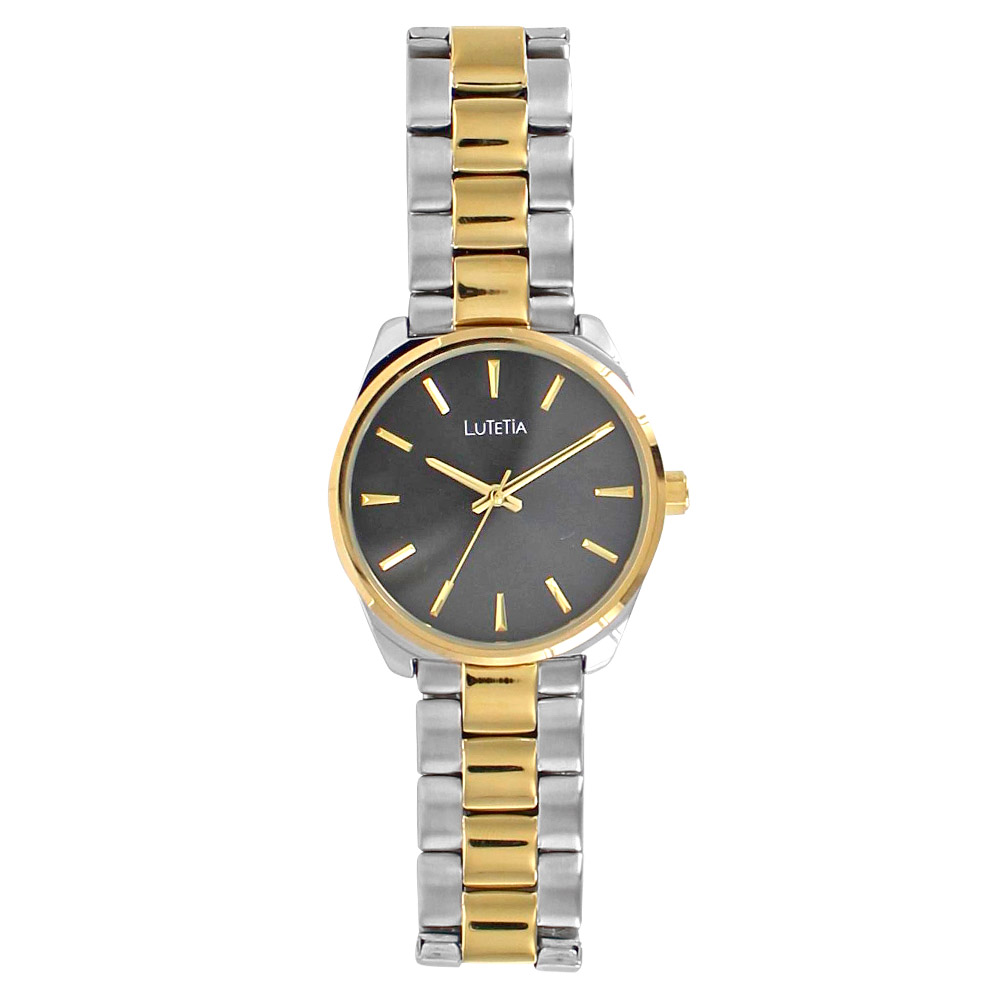 Montre Lutetia métal argenté et doré, cadran noir et bracelet à boucle déployante