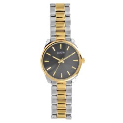Montre Lutetia métal argenté et doré, cadran noir et bracelet à boucle déployante