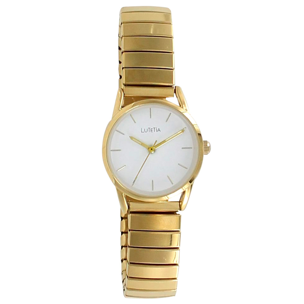 Montre Lutetia métal doré, cadran blanc, index et bracelet extensible