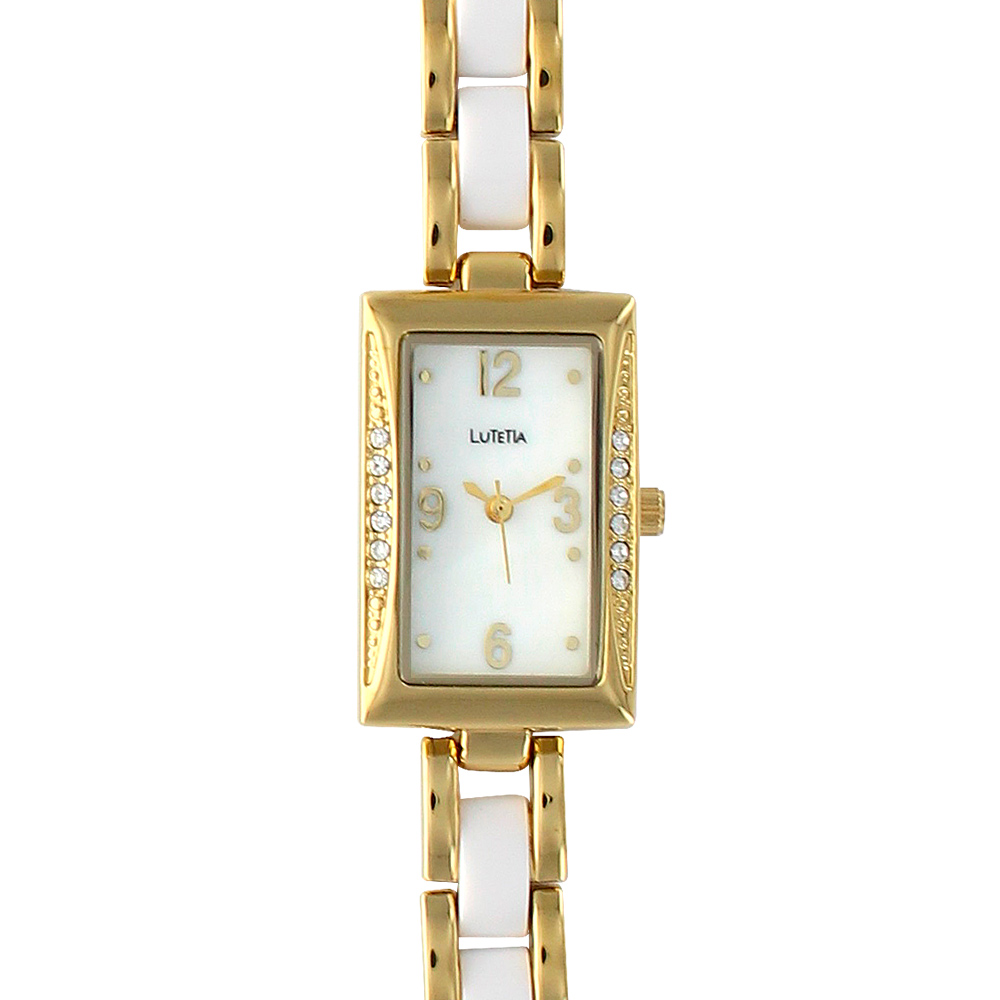 Montre Lutetia métal doré et blanc boîtier rectangle avec pierres synthétiques