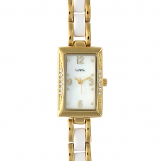 Montre Lutetia métal doré et blanc boîtier rectangle avec pierres synthétiques