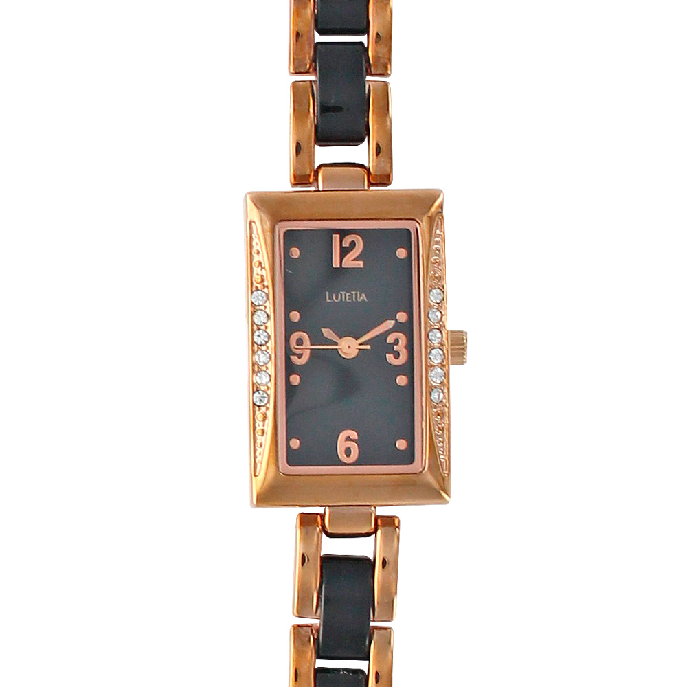 Montre Lutetia métal doré rose et noir boîtier rectangle avec pierres synthétiques