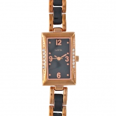 Montre Lutetia métal doré rose et noir boîtier rectangle avec pierres synthétiques