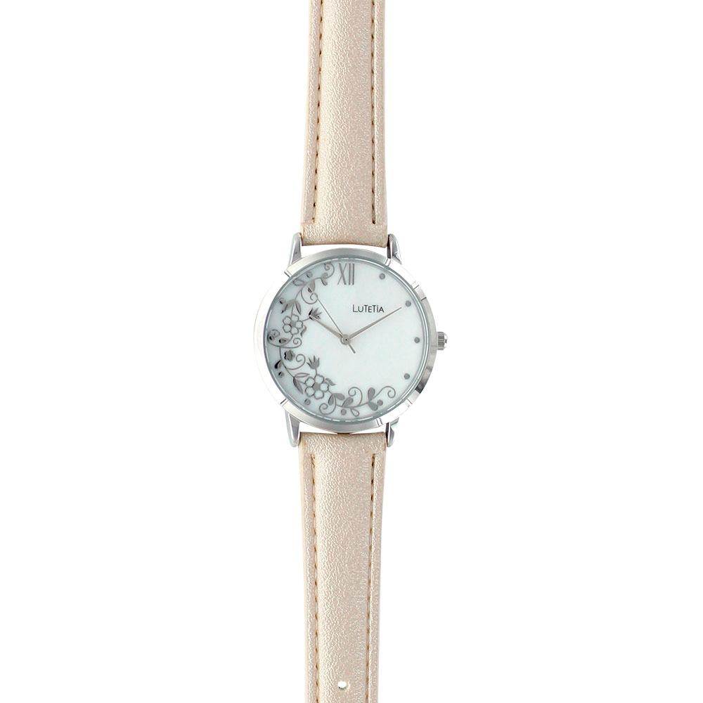 Montre Lutetia motif fleuri boîtier métal, cadran et bracelet synthétique couleur blanc nacrée