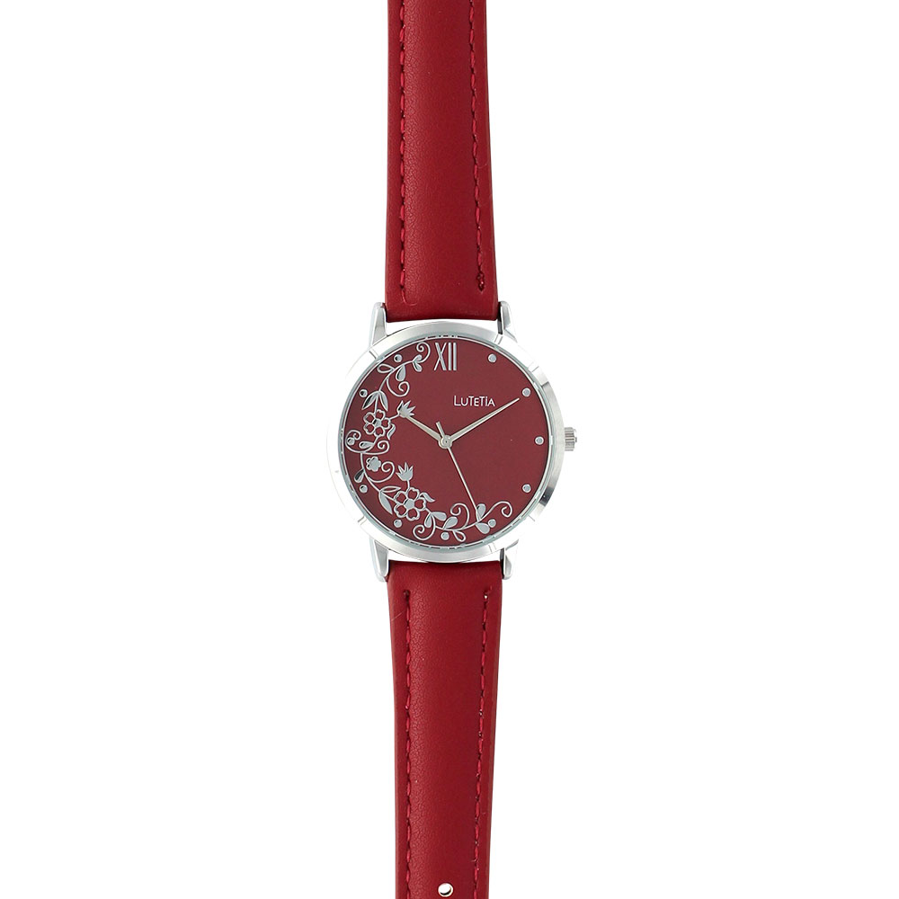 Montre Lutetia motif fleuri boîtier métal, cadran et bracelet synthétique couleur bordeaux