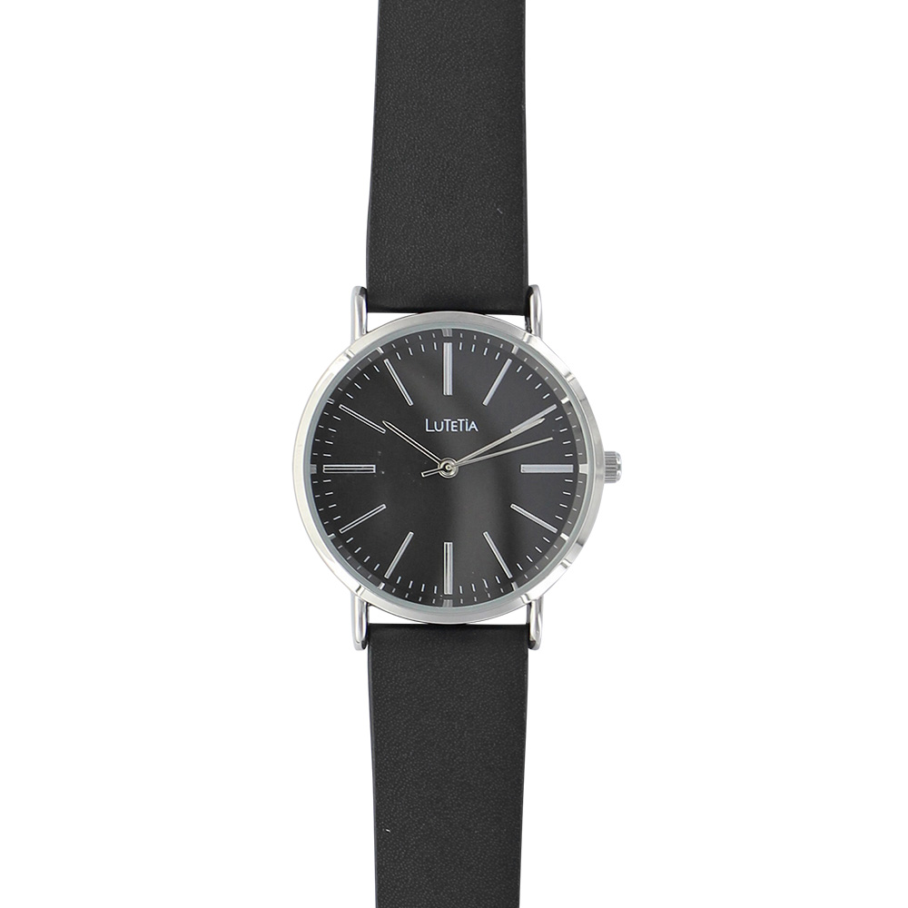 Montre Lutetia noir, boîtier, index et aiguilles métal argenté, bracelet synthétique